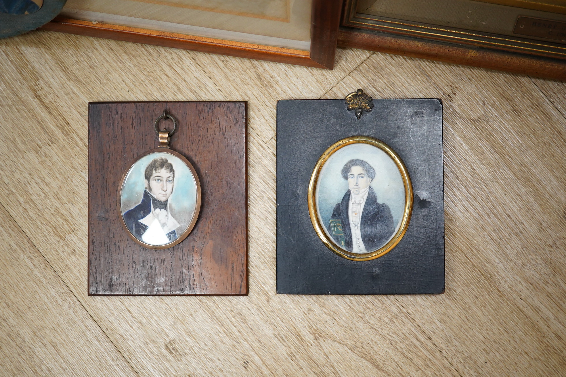 An archive of the Greenway family including a miniature on ivory of James Greenway RN, in naval officer’s uniform, enclosing a lock of hair to the reverse, together with another miniature on ivory of a gentleman, a board